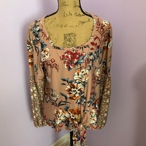 Signature Studio Floral Top Size Small Long Sleeve Elastic Wrist Knotted Waist